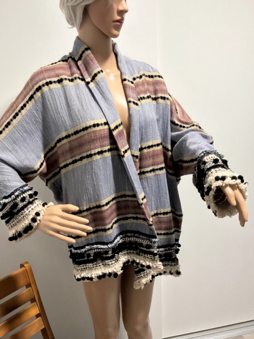 Zara Woman Folk Boho Strioed Kimono Cardigan Fringe Pom Pom Details Large